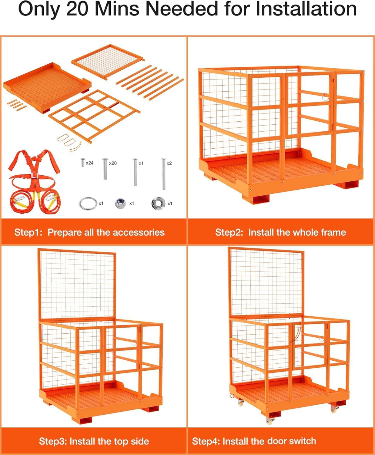 43x45 in Forklift Safety Cage Man Basket, 1800 LB Capacity, Heavy Duty Steel Forklift Work Platform with Railing & Wheels for Warehouse Factory Maintenance, Orange