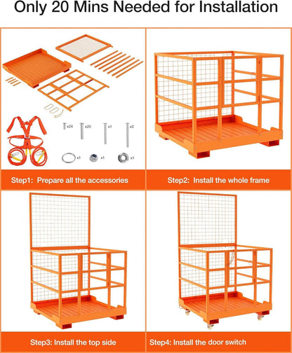 43x45 in Forklift Safety Cage Man Basket, 1800 LB Capacity, Heavy Duty Steel Forklift Work Platform with Railing & Wheels for Warehouse Factory Maintenance, Orange