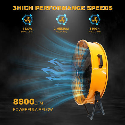 GarveeTech 24 in Industrial High Velocity Drum Fan, 8800 CFM High Velocity Floor Fan With 3-Speed Control, 360° Tilt Portable Air Circulator for Warehouse, Garage, Basement