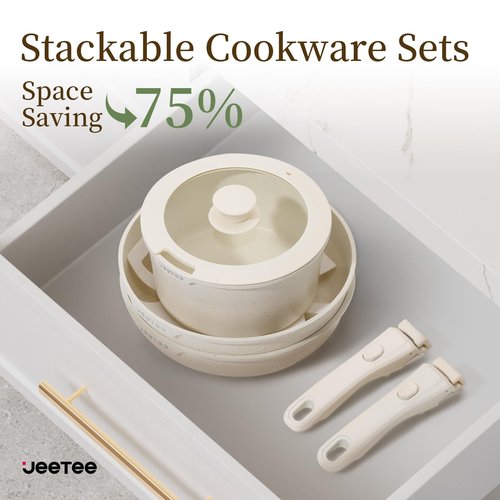 JEETEE Pots and Pans Set Non Stick 17pcs, Kitchen Cookware Sets with Detachable Handle, Induction Nonstick Cookware Set with Removable Handle, Stackable RV Cookware, Oven Safe, PFAS/PFOA Free, Black