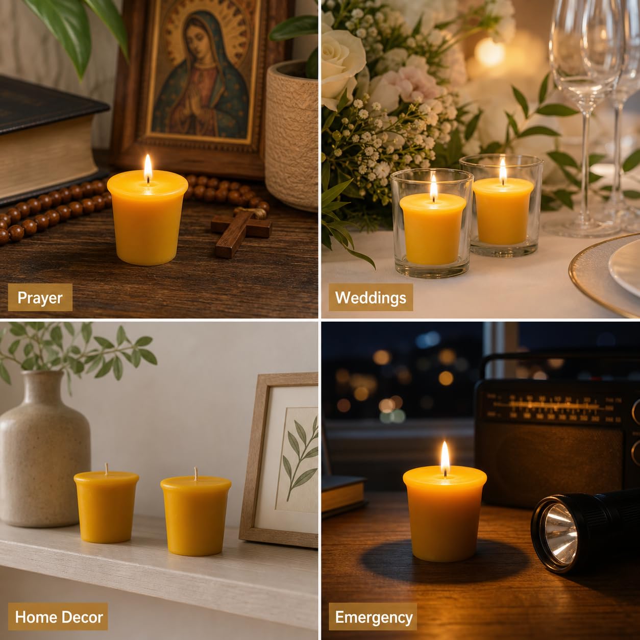 100% Pure Beeswax Votive Candles 2x2 Inch, 6 Pack - 10-Hour Burn Time (60 Hrs Total), Smokeless & Unscented Natural Wax Candles for Prayer, Home Decor, Emergency & Weddings