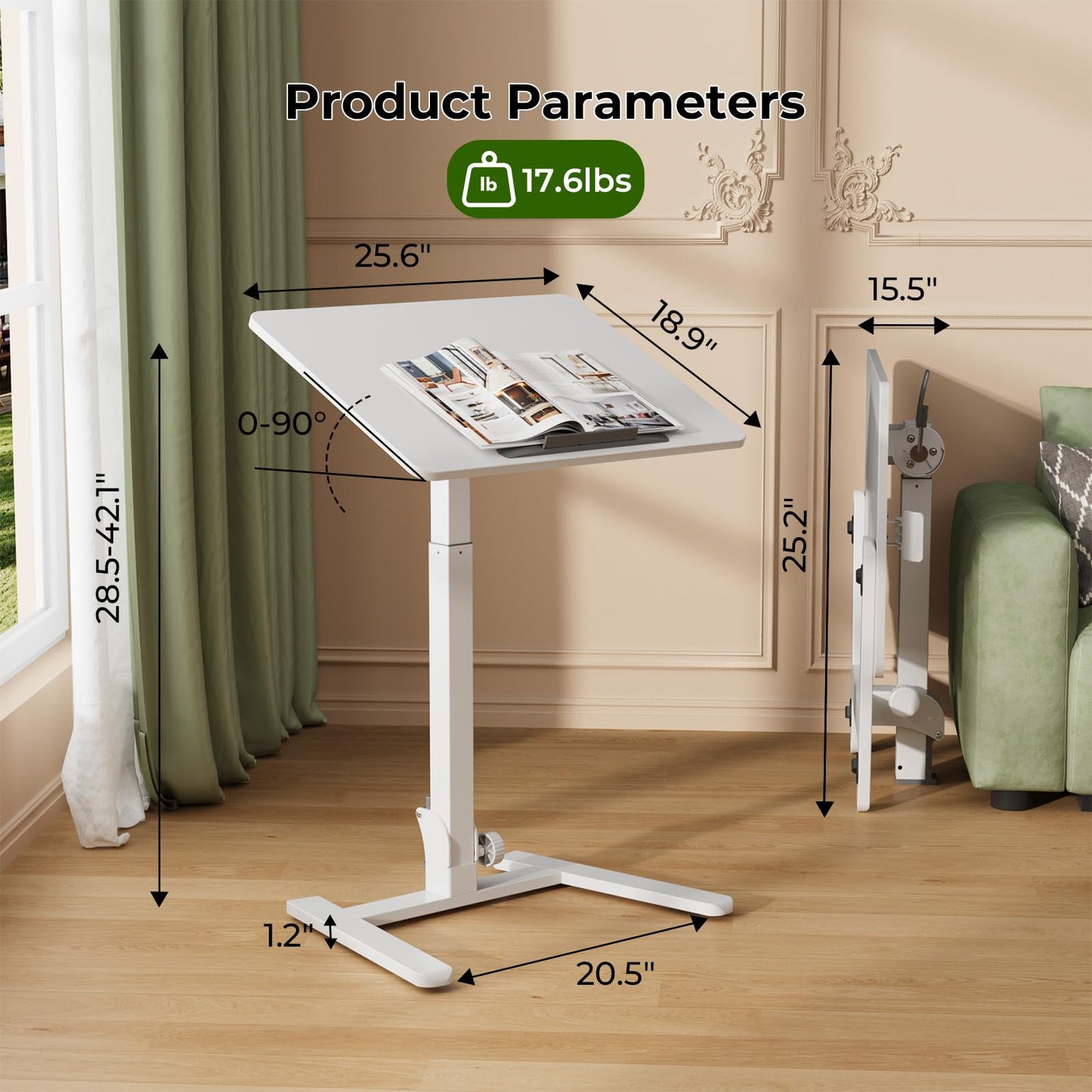 Gibbon Mounts Foldable Standing Desk，Small Mobile Sit-Stand Desk with 90 Tiltable Top，Rolling Rising Laptop Workstation Adjustable Height，Portable Table on Hidden Wheels/4 Lockable Casters，White