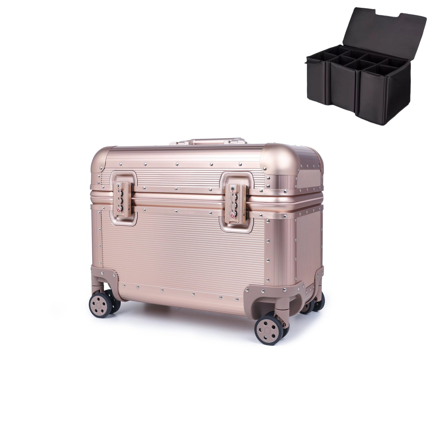 Perle Path All Aluminum Rolling Camera Case, Pilot case, Camera roller bag, Carry on, Hard Shell Photography Equipment suitcase with 4 Wheels and Telescopic Handle (Rose Gold(with camera bag inside))