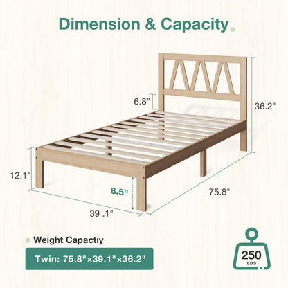 Novilla Twin Bed Frames Wood Twin Size Bed Frame with 8.5 Inch Space Underneath, BedFrame with Headboard Solid Wood Bed Frame Foundation No Box Spring Needed, Easy Assembly