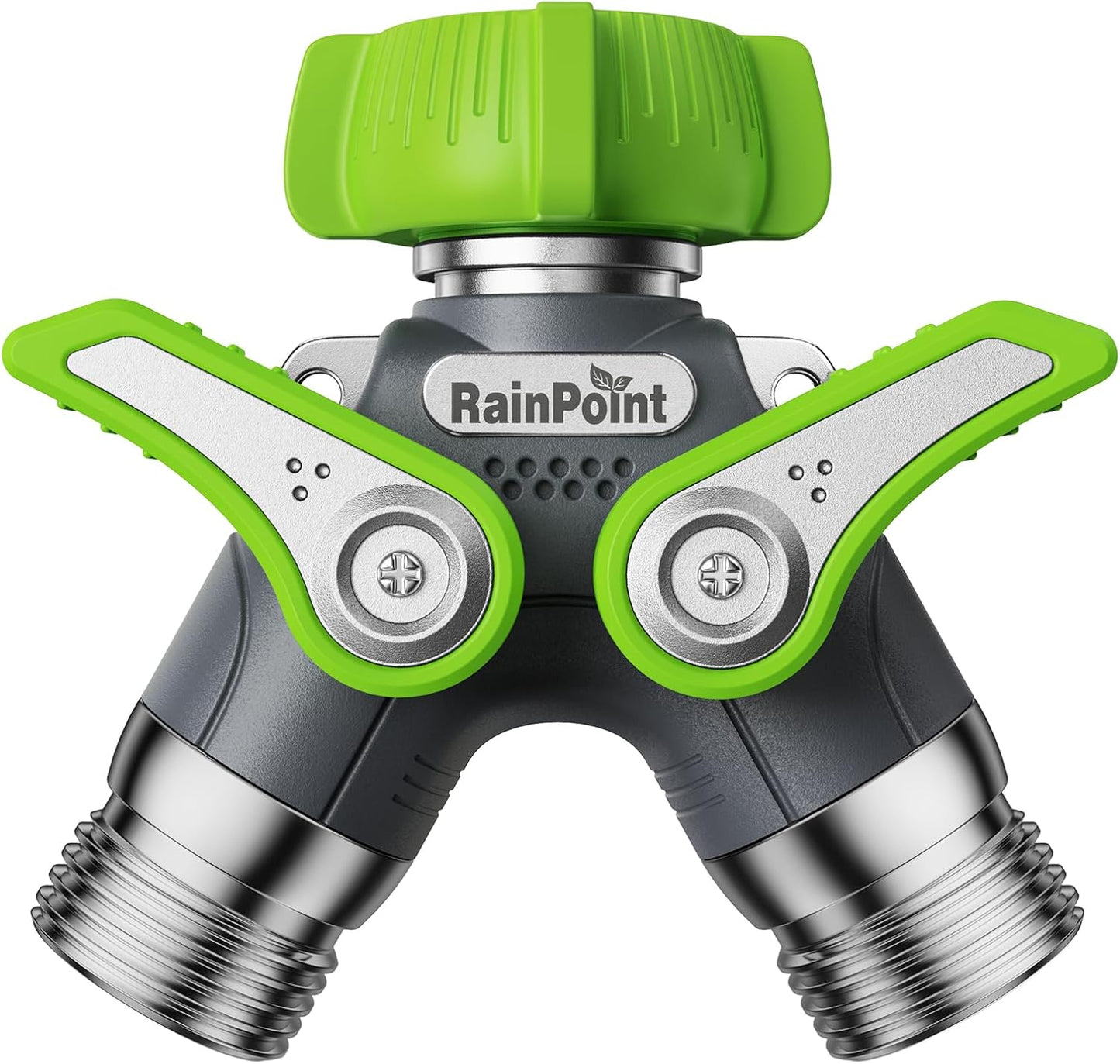 RAINPOINT Garden Hose Splitter - 2 Way Heavy Duty Y Spigot with Shutoff Valves & Metal Handle | 3/4" GHT Thread, Green