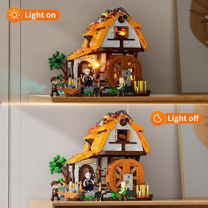 FUNWHOLE Medieval Water-Mill Lighting Building-Bricks Set - Middle Age Milling House Collection LED Light Building Construction Model Sets 1278 Pcs for Adults and Teen