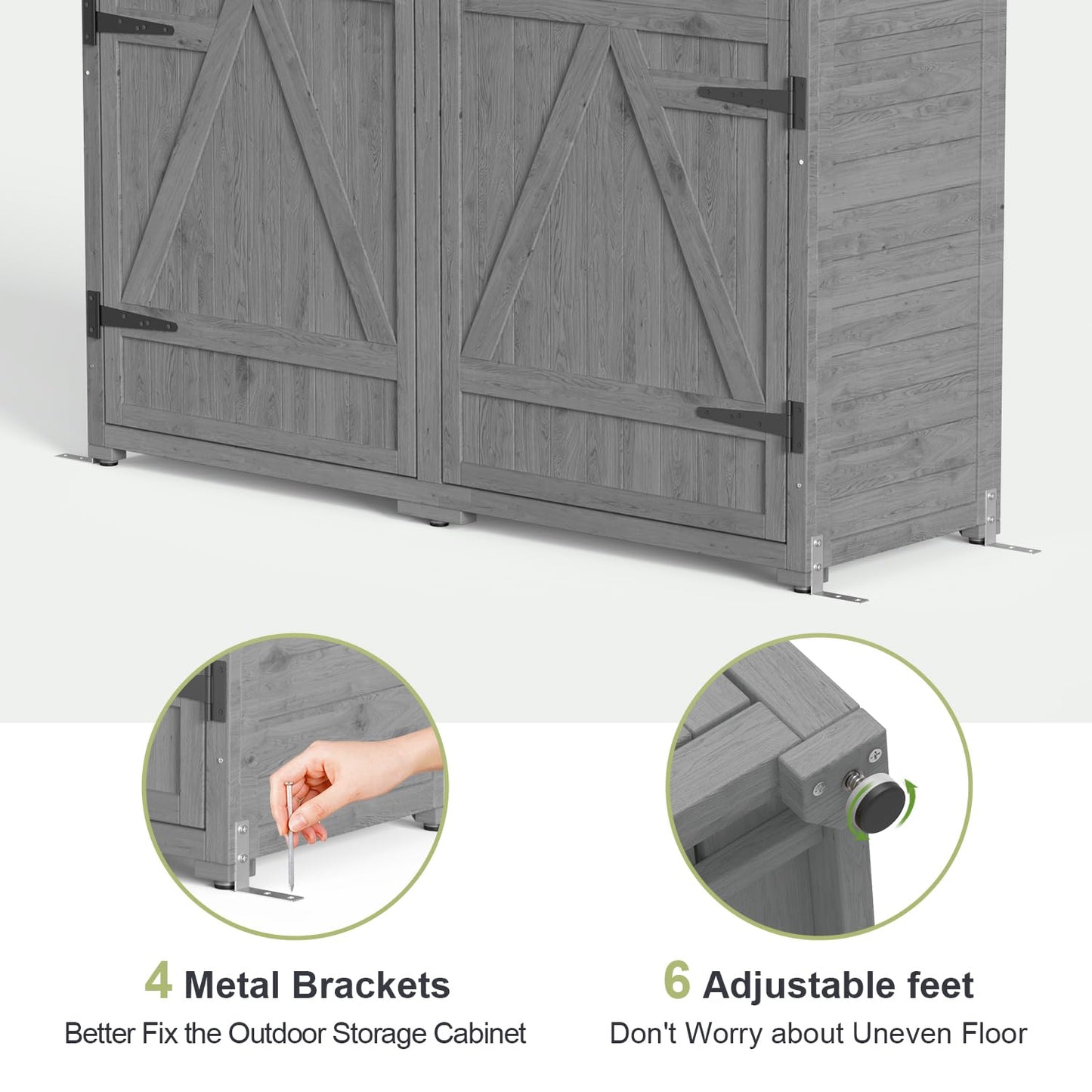 Gizoon Outdoor Storage Cabinet with Waterproof Roof, Double Lockable Doors Garden Shed with 2 Removable Shelves, Wooden Storage Shed with Large Storage Space for Patio, Garden, Backyard, Lawn, Grey