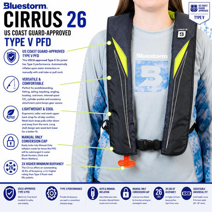 BLUESTORM Cirrus26 Inflatable PFD Life Jackets for Adults | US Coast Guard Approved Automatic Life Vest w/Manual Override Convertibility (Hi Vis)