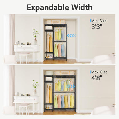 VIPEK X20 Expandable Metal Clothing Rack Adjustable from 3'3" to 4'8" Heavy Duty Garment Racks with Adjustable Shelves and Hanger Rods Portable Wardrobe Open Closet Rack System, Black