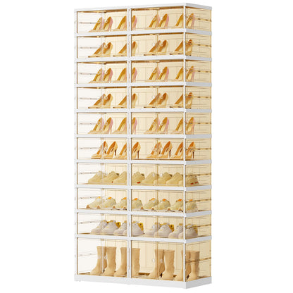 EHAMILY 10 Tiers 20-40 Pairs Foldable Shoe Rack for Closet Plastic Stackable Shoe Boxes for Garage Collapsible Shoes Shelf with Doors Storage Organizer Cabinet Quick Assembly,Brown