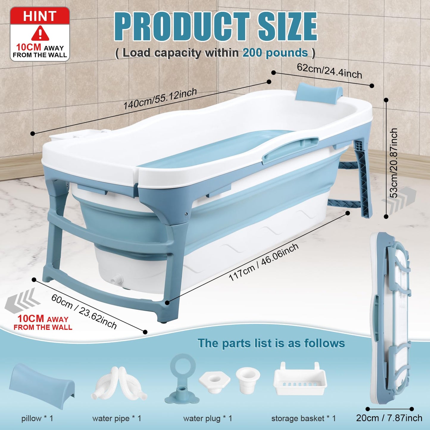 Portable Bathtub for Adult - Large 56'in Foldable Collapsible tub - Ergonomically Designed for the Ultimate Relaxing Soaking Bath. Ideal for Small Spaces - Quick,Folding Bathtub