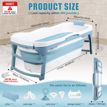 Portable Bathtub for Adult - Large 56'in Foldable Collapsible tub - Ergonomically Designed for the Ultimate Relaxing Soaking Bath. Ideal for Small Spaces - Quick,Folding Bathtub