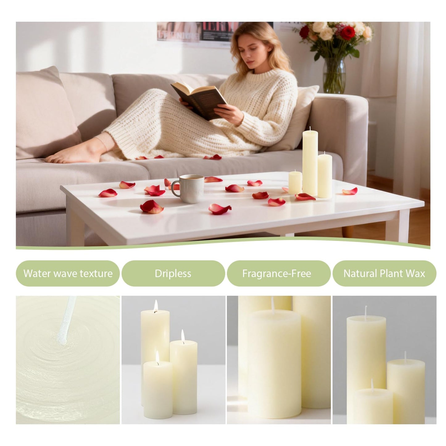 Veiuwa 72 Pack Ivory Pillar Candles Bulk Set, 2x3 2x6 2x8 Inch - 24 Each Size, Dripless Smokeless Clean Burning for Wedding Centerpieces, Home Decor, Church, Romantic Ambiance！