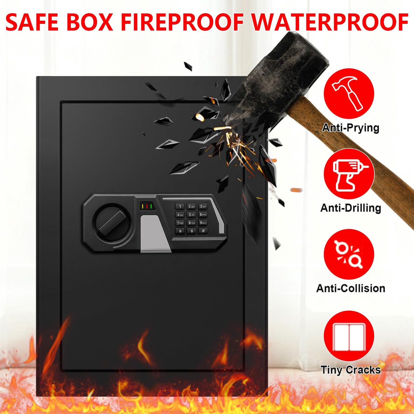 3.4 Cub Large Safes for Home Use, Digital Home Safe Box Fireproof Waterproof with Programmable Keypad, Spare Keys and Removable Shelf, Anti-Theft Fire Proof Safe for Document Money Valuables