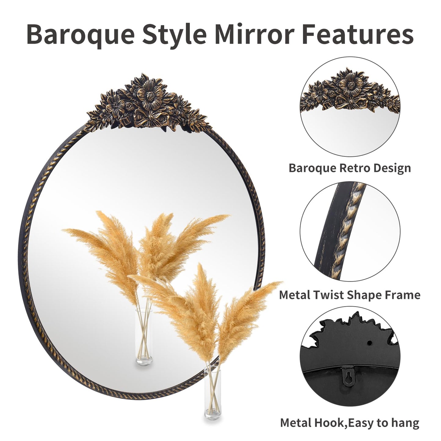 YIDIE Round Mirror, 28''Baroque Style Wall Mirror Metal Frame Circle Mirrors for Entryway, Living Room or Bedroom,Retro Black