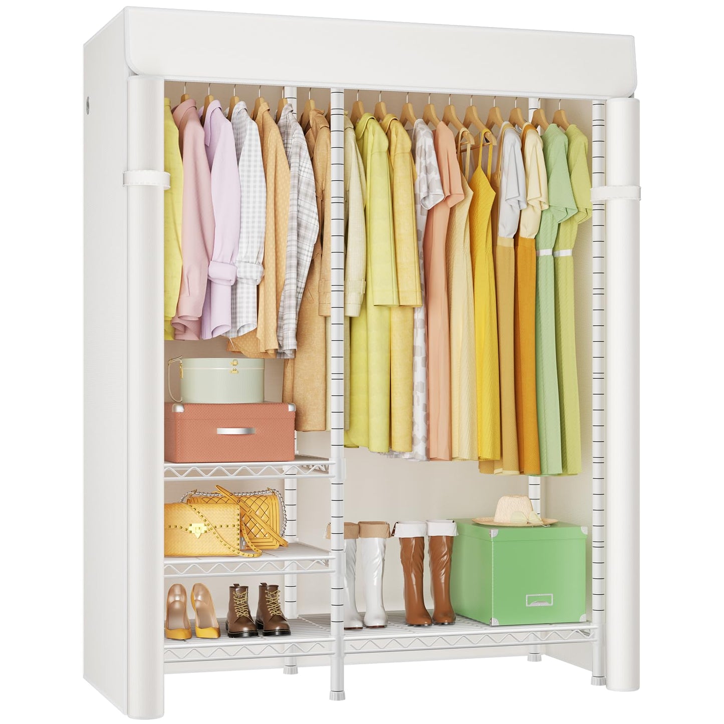 Ulif F4C Heavy Duty Clothes Rack with Dustproof Cover，Freestanding Clothing Racks for Hanging Clothes，Adjustable Closet Organizer System，Portable Garment Rack 45"W*15.8"D*71.3"H，Max Load 600LBS，White
