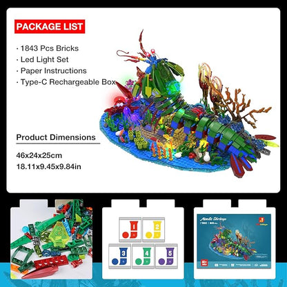 JMBricklayer Mechanical Mantis Shrimp Building Blocks Set with LED Lights Sea Creatures Ocean Animal Model Building Toys with Jellyfish Crabs Coral Reef Sea Creative Display Gift for Adults Kids 14+