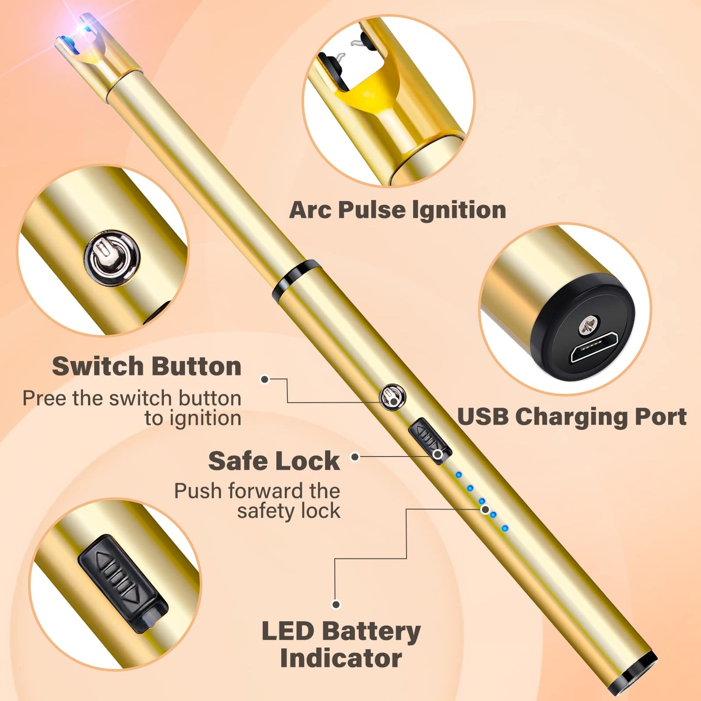 Navpeak Electric Candle Lighter Windproof USB Rechargeable Flameless Long Neck Lighter for Candles Gas Stove Fireplace BBQ Kitchen Grills (Gold)