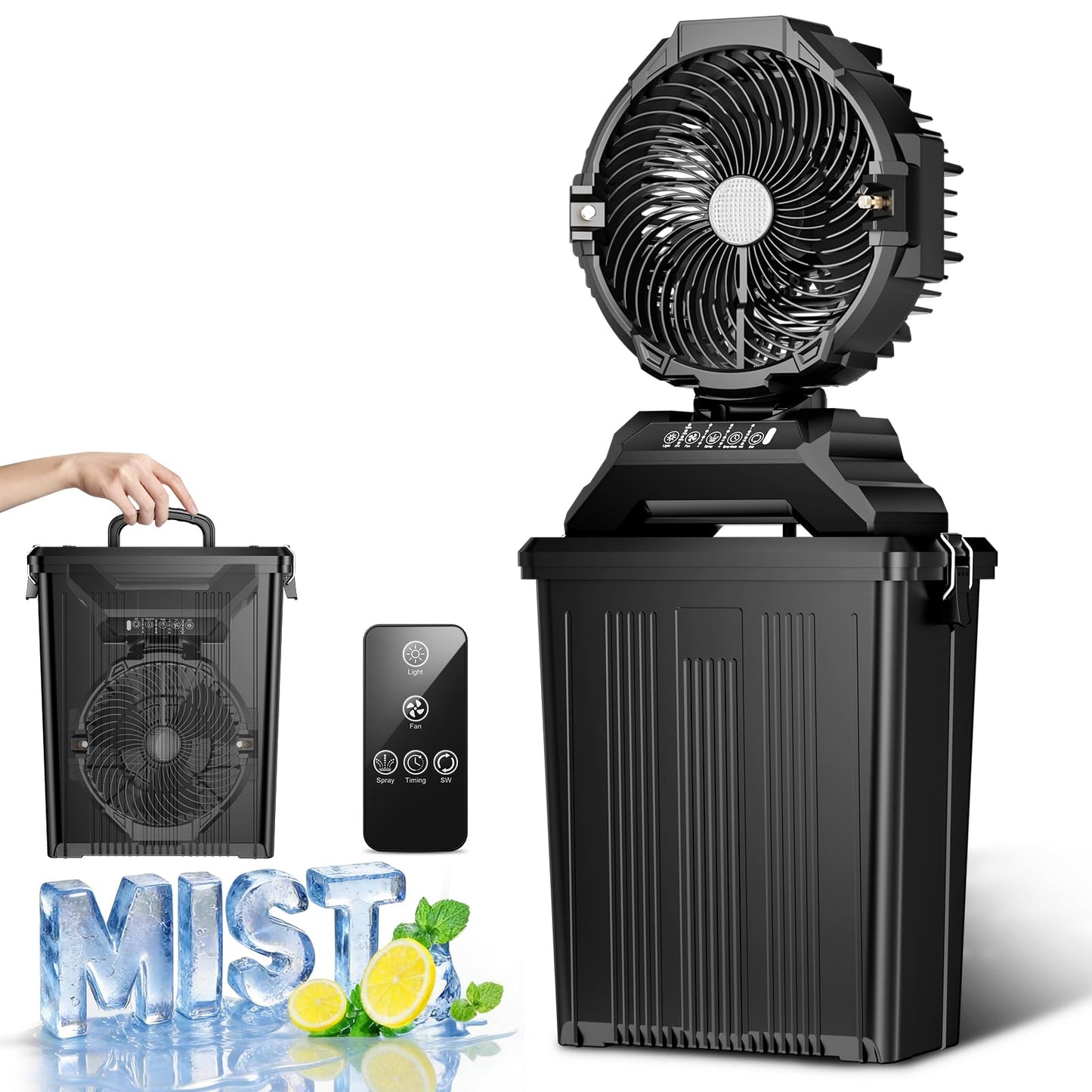 Portable Misting Fan for Outside,40000mAh Rechargeable Camping Mister Fan,15L Cooling Fan with Remote,Ice Fan with 4 Spray Speeds,4 Misting Modes,3 Light Modes for Garden/Camping/Party/Fishing