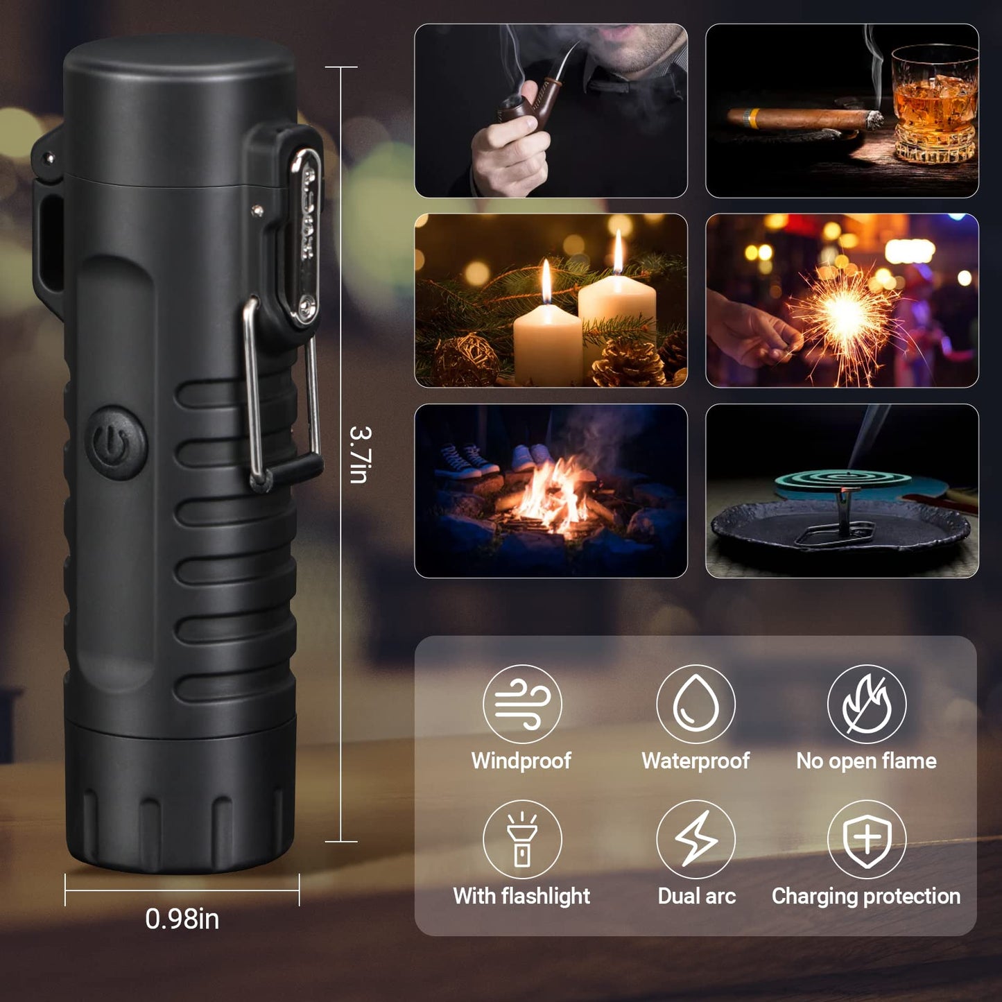 Scotte Plasma Windproof Arc Lighter Electric Lighter and LED Flashlight - 2 in 1 (Black)/5 in 1 Magnesium Fire Starter for Emergency Survival, Candle, Camping, Hiking, All Weather Magnesium Ferro Rod