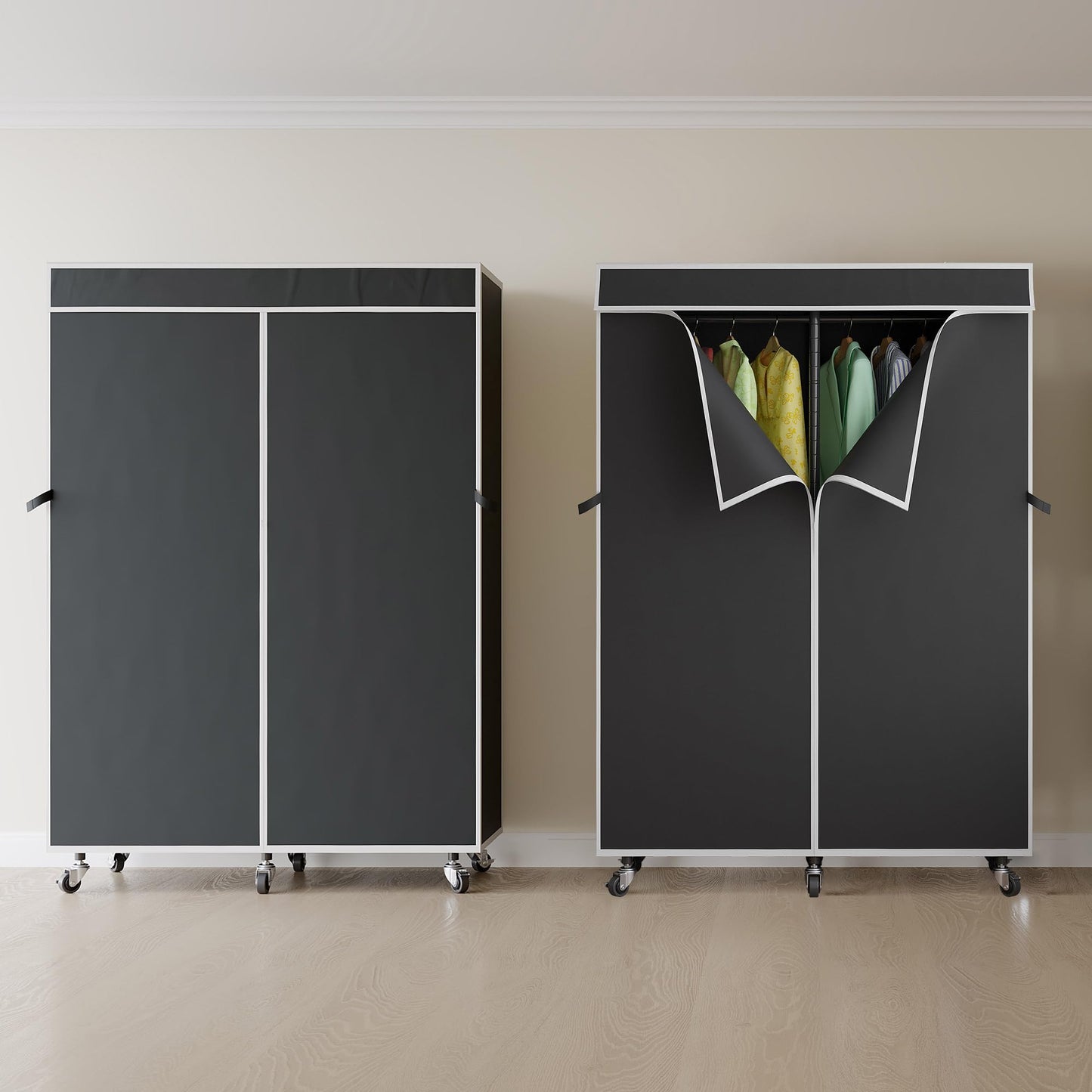 Higeego H9 Garment Rack with Cover, Heavy Duty Clothing Rack for Hanging Clothes, Portable Closet with wheels, Wardrobe Closet with Adjustable Shelves, Black Rack Shelf with Black Fabric Cover