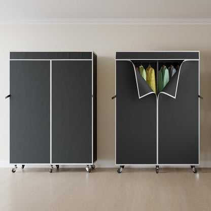 Higeego H9 Garment Rack with Cover, Heavy Duty Clothing Rack for Hanging Clothes, Portable Closet with wheels, Wardrobe Closet with Adjustable Shelves, Black Rack Shelf with Black Fabric Cover