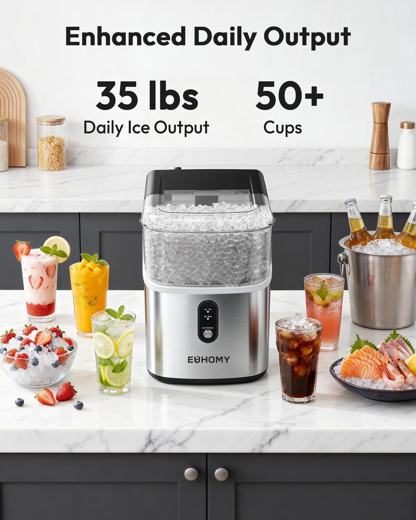 EUHOMY Nugget Ice Maker Countertop, Ready in 7 Mins, 35Lbs/24H Pebble Ice Maker Machine, Self-Cleaning Countertop Sonic Ice Makers with Ice Scoop&Basket, Pellet Ice Maker for Home, Stainless Steel