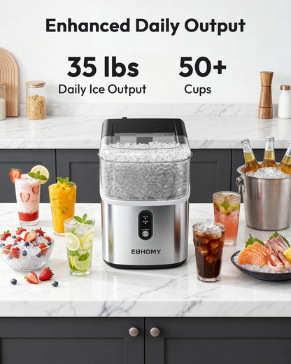 EUHOMY Nugget Ice Maker Countertop, Ready in 7 Mins, 35Lbs/24H Pebble Ice Maker Machine, Self-Cleaning Countertop Sonic Ice Makers with Ice Scoop&Basket, Pellet Ice Maker for Home, Stainless Steel