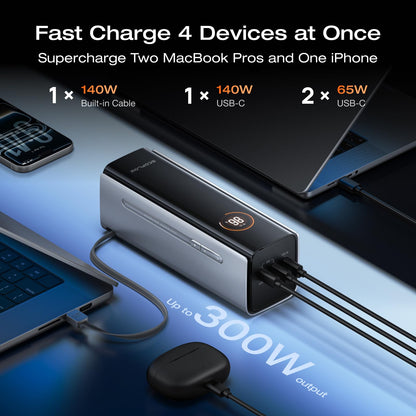EF ECOFLOW Rapid Pro Power Bank, 4-Port with 300W Max Output, Portable Charger with 140W Built-in Cable, TSA-Approved, Smart APP, 3950x7mAh, for MacBook Pro/Air, iPhone 17/16 Series, Laptops, and More