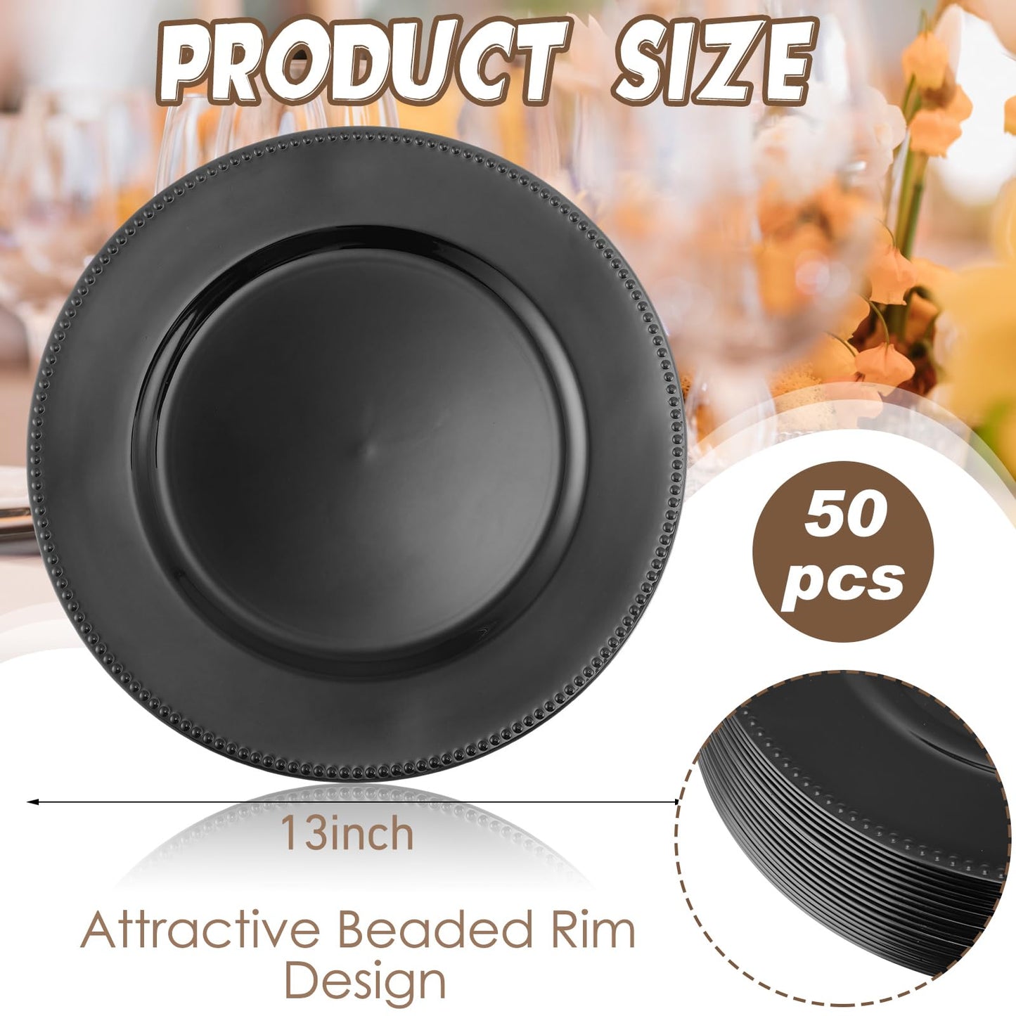 Dandat 50 Pack 13 Inch Charger Plates Plastic Round Dinner Plate with Beaded Rim Reusable Charger Service Plates Reliable Chargers for Wedding Party Dinner Table Decoration(Green,Classic)