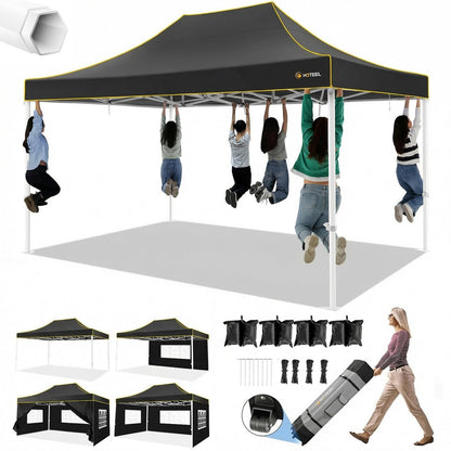 HOTEEL 10x15 Heavy Duty Pop up Canopy Tent for Parties with 4 Sidewalls, Easy Setup Outdoor Commercial Instant Gazebo for Wedding Event, with Roller Bag & Sand Bags, Black(Hexagonal Frame)