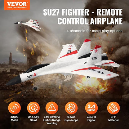 VEVOR RC Plane 2.4GHZ 4 Channel RC Airplane with 6-Axis Gyro Stabilizer&amp2 Batteries Ready to Fly SU-27 Fighter Aircraft Plane Toy for Adults Kids Beginners Boys Birthday/Xmas Child Gift
