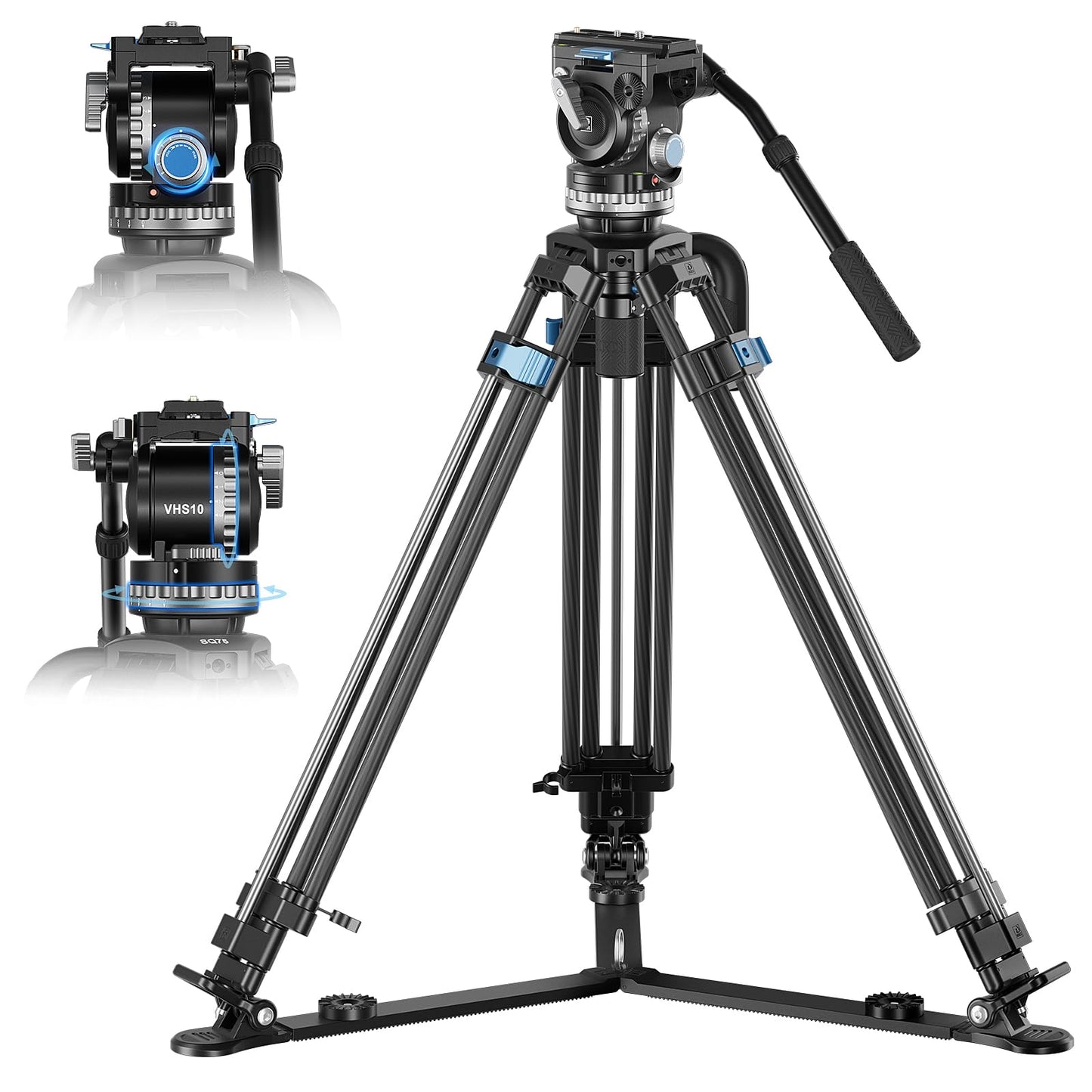 SIRUI SQ75+VHS10 Carbon Fiber Tripod, 71.7” Video Tripod with Professional Video Fluid Head, 7-Step Counterbalance, 4-Step Tilt/Pan Damping Adjust, Rapid Setup for Camera, Max Load 10kg/22lb