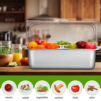 Ziliny Food Serving Display Container 5 Pans Stainless Steel Salad Bar Buffet Station Condiment Dispenser Serving Tray Food Display Rack and Clear Roll Top Cover for Restaurant Hotel Kitchen