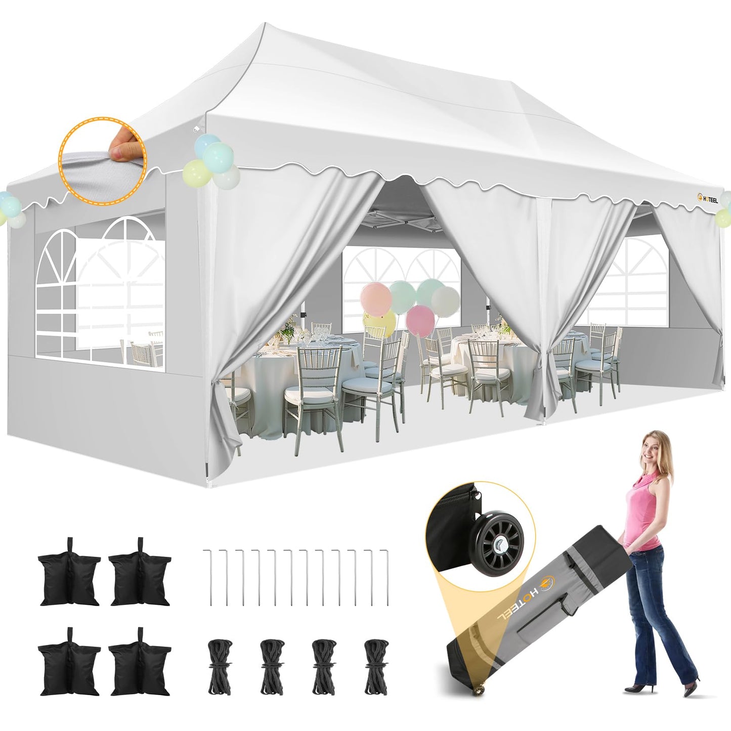 HOTEEL 10x20 Pop up Canopy Tent with 6 Removable Sidewalls, Wave Hem Roof 10x20 Canopy with Wheel Bag and 4 Sandbag, Commercial Pop up Tent Waterproof Sunshade for Market Wedding Party Stall (White)
