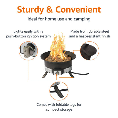 Amazon Basics Portable Propane Fire Pit, 19 inch Round Gas for Patio, 55,000 BTU, Carry Strap, Heat, Warmth and Ambience