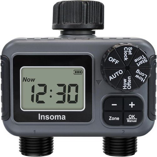 Insoma 2-Zone Sprinkler Timer - Programmable Garden Hose Timer with Auto & Manual Modes | Waterproof Irrigation Controller for Lawns & Drip Systems