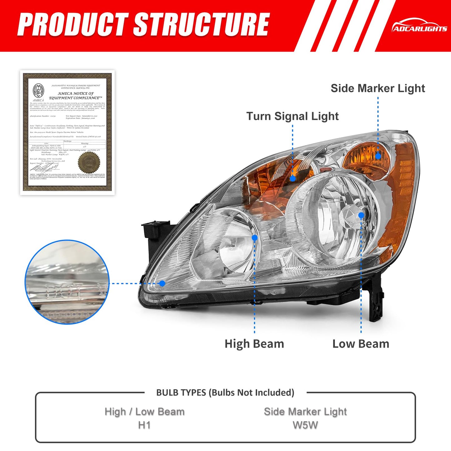 ADCARLIGHTS Headlight Compatible with 2005 2006 Honda CRV Headlamp Chrome Housing Amber Reflector Replacement Pair（W/O Bulbs）