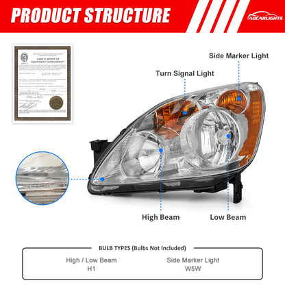 ADCARLIGHTS Headlight Compatible with 2005 2006 Honda CRV Headlamp Chrome Housing Amber Reflector Replacement Pair（W/O Bulbs）