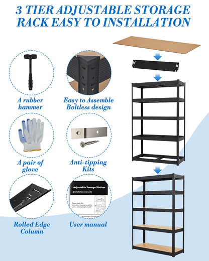 5-Tier Adjustable Shelving Units,48x18x72 Garage Metal Storage Shelving Units,Heavy Duty Garage Shelving Adjustable Garage Shelves,Loads 2000 LBS,Metal Storage Utility Racks for Warehouse,Pantry, Base