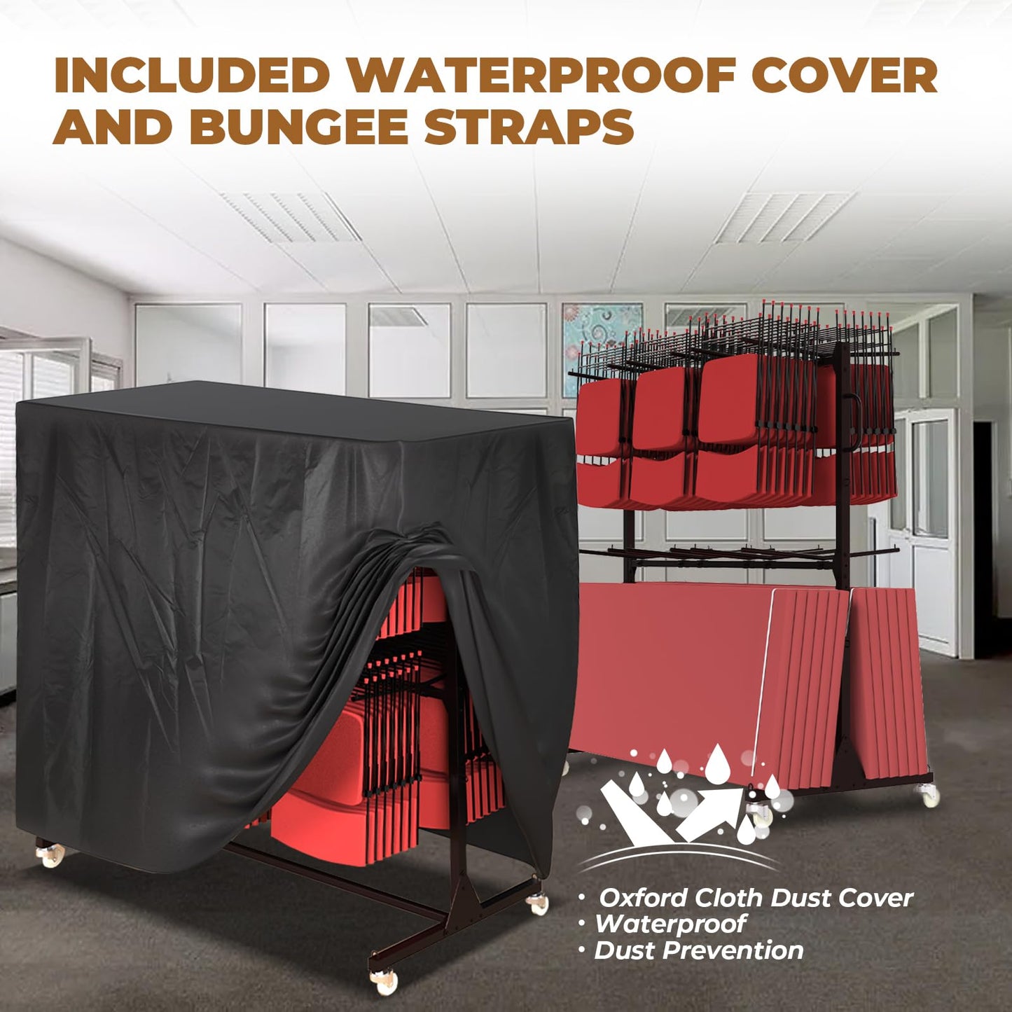 Heavy-Duty Folding Chair Cart, Holds Up to 84 Chairs or 12 Tables, 800 lbs Capacity, 4 Swivel Wheels, Adjustable Storage Rack, Includes 2 Tie-Down Ropes & Dust Cover for Banquets, Churches, Schools