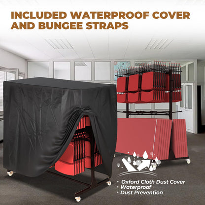 Heavy-Duty Folding Chair Cart, Holds Up to 84 Chairs or 12 Tables, 800 lbs Capacity, 4 Swivel Wheels, Adjustable Storage Rack, Includes 2 Tie-Down Ropes & Dust Cover for Banquets, Churches, Schools