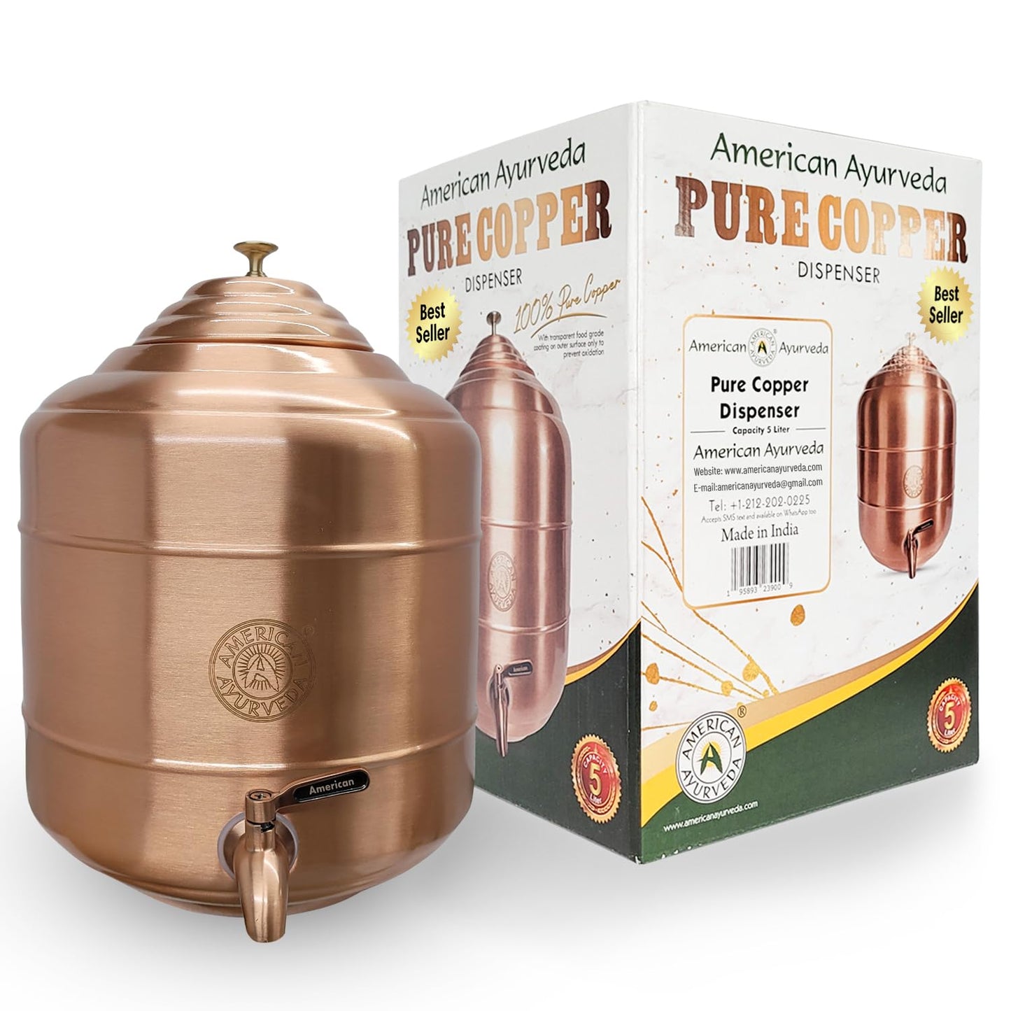 A 100% Pure Copper wer Dispenser Storage Tank Pot, Stainless Steel Faucet spigot and Lid included, Healthy Organic Water Yoga Meditation 3.17 Gallon (12 Liters), 5G-3.17G-1.32G