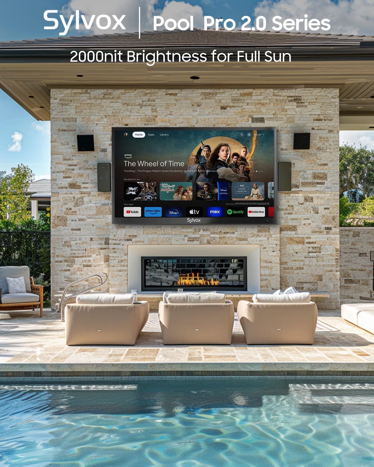SYLVOX Outdoor TV, 43-Inch Waterproof Smart TV, 2000 nits Full Sun TV, 4K, Dolby Atmos, HDR10, Weatherproof Television with Voice Assistant Remote (Pool Pro 3.0, Latest Model)