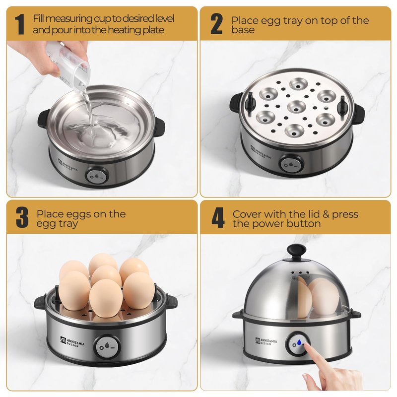 Annie & Mia Design Electric Egg Cooker, All Stainless Steel 7 Egg Capacity egg boiler, 360W, Hard, Medium, Soft Boiled Egg Poacher, egg steamer, Multi-function, Auto Shut-Off Function, BPA-free