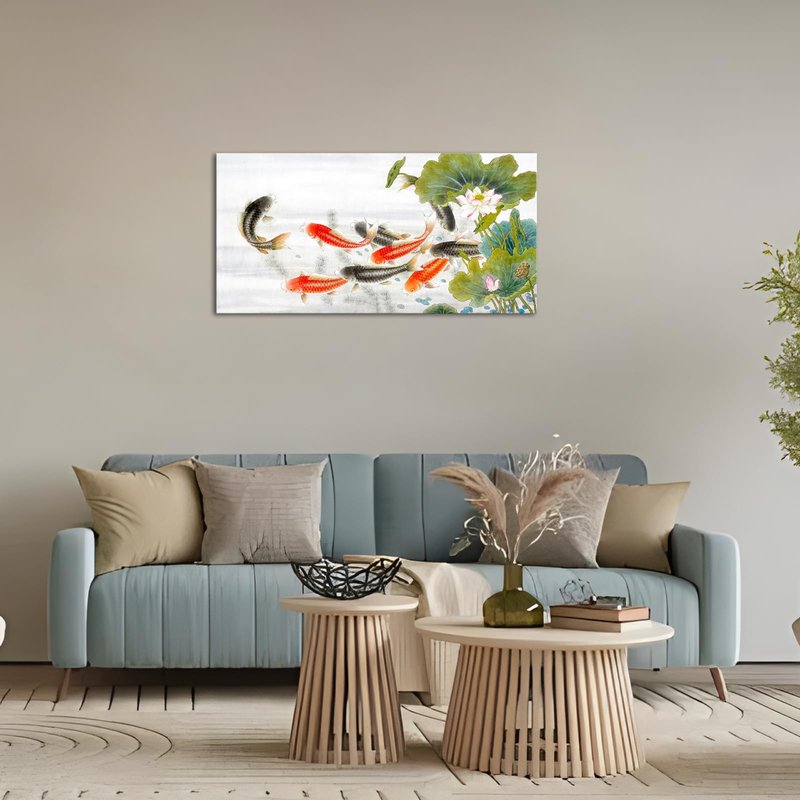 iLOOKLiKE Nine Koi Fish Canvas Wall Art Feng Shui Lucky Carp Lotus Flower Leaves Pond Picture Traditional Chinese Paintings Print Asian Artwork Poster Home Decor for Living Room Bedroom 20x40inch