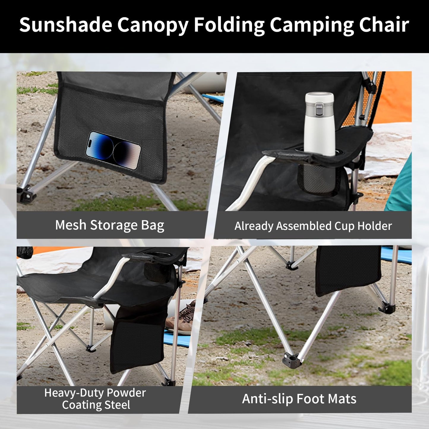 CAMP SOLUTIONS Portable Camping Chair with Canopy Shade- Folding Camping Lounge Chair with Cup Holder & Side Pocket for Outdoor Camping, Fishing, Beach - Support 330 LBS(BLACK-2PK)