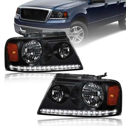 Fullux Headlights for 2004-2008 Ford F150 / 2006-2008 Lincoln Mark LT Pair Front Lights w/LED Running LIghts Replacement Headlamps Black Housing Amber Reflector