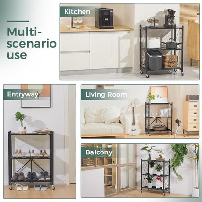 DEANIC 3 Tier Foldable Storage Shelves with Wheels, Large Capacity Shelving Unit, Freestanding Metal Wire Shelf Rack, No Assembly Organizer Rack for Garage Kitchen, Basement, Pantry(Black,3 Pack)
