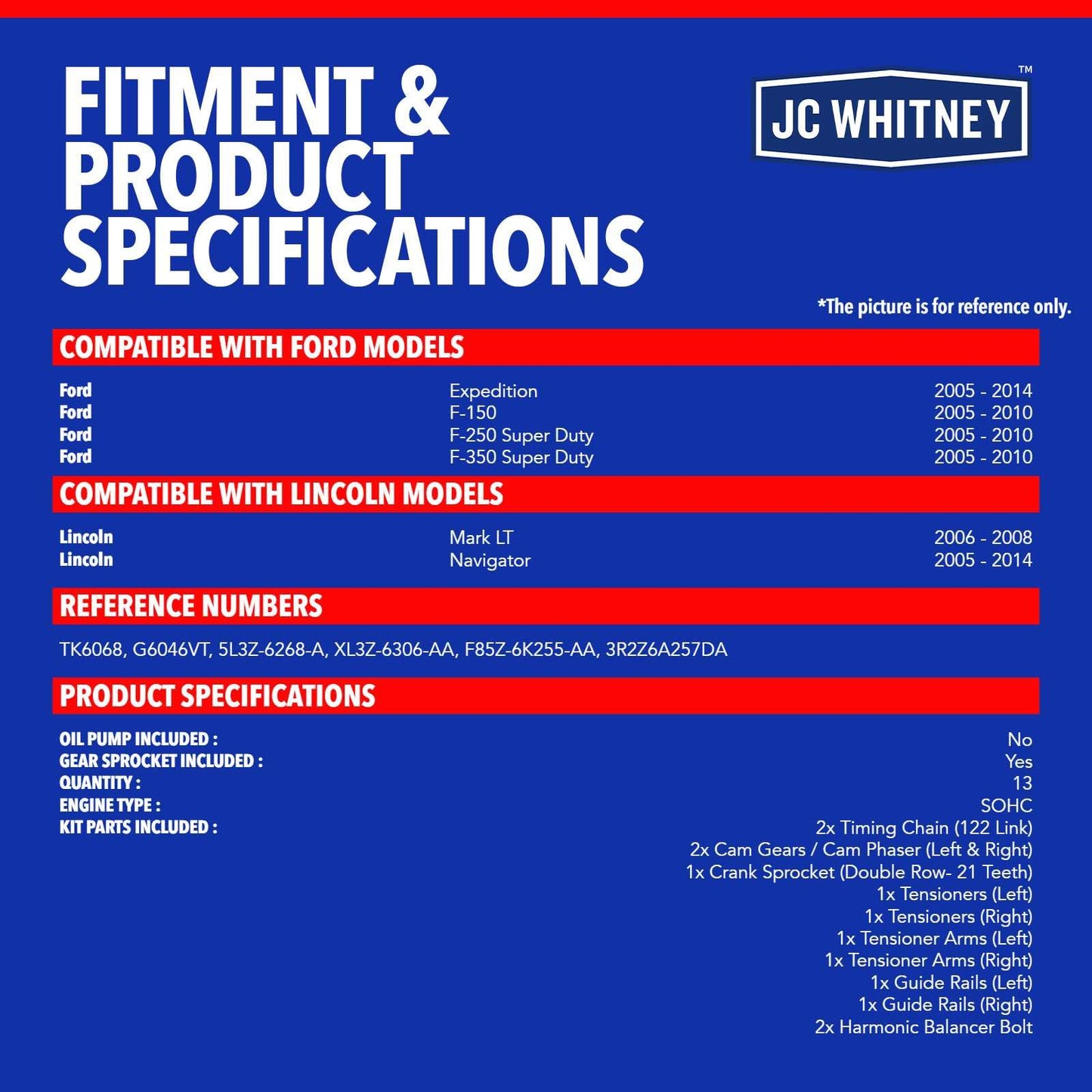 JC Whitney JFBAJCWTCK00100 Engine Timing Chain Kit with Tensioner - Fits SOHC V8 5.4L - Compatible with Ford F-150 F-250/F-350 Super Duty 05-10, Expedition 05-14, Lincoln Navigator 05-14